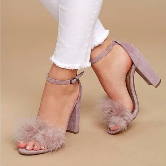 Steve Madden women's pink taupe Carabu fluffy coquette block heel sandals in 7.5 - Picture 1 of 15